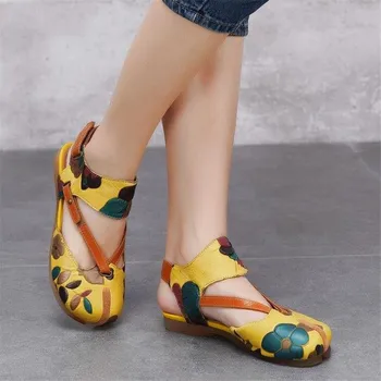 

ALISHINREY 2020 Summer Genuine Leather Shoes Women Sandals Vintage Style Shoes Women Handmade Flowers Design Ladies Flat Sandal