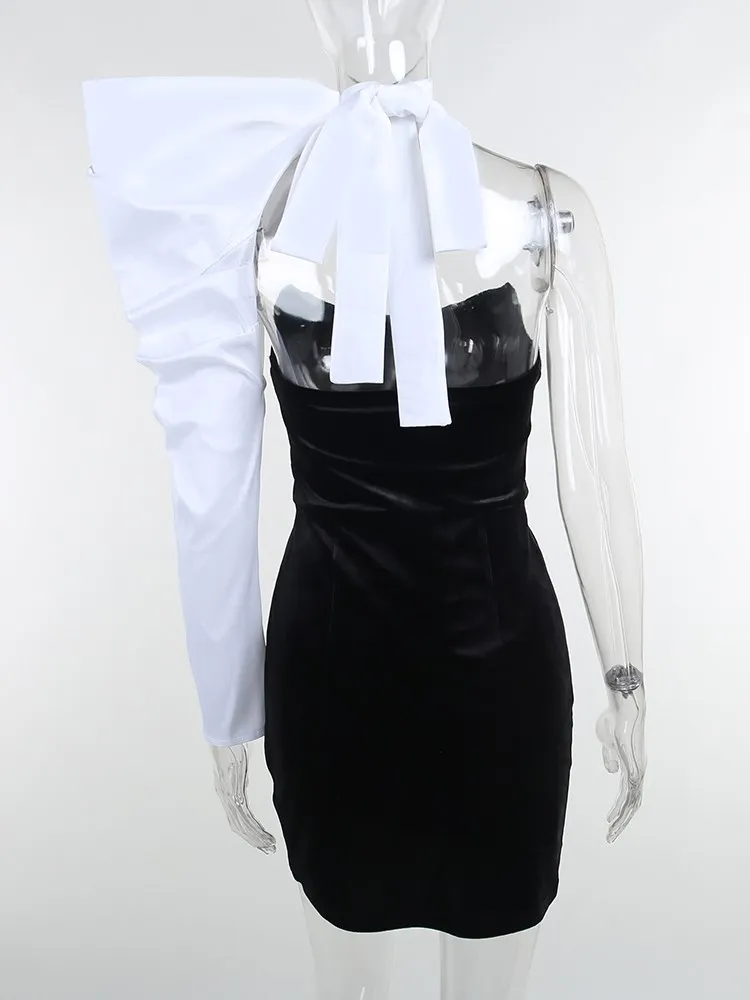 Elegante minivestido de fiesta con un solo hombro y mangas abullonadas, de patchwork, sin espalda, sexy, ajustado, para noche y club, 2025