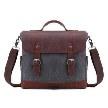 

Laptop Messenger bag for Mens 15.6 Inch, Waterproof Vintage Genuine Leather Mens Briefcase shoulder bag Waxed Canvas Leather