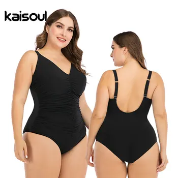 2020 New Solid Black Pleated Large Size 6XL One Piece Swimsuit Women Sexy Backless Plus Big XXL Swimwear Slim Beach Bathing Suit