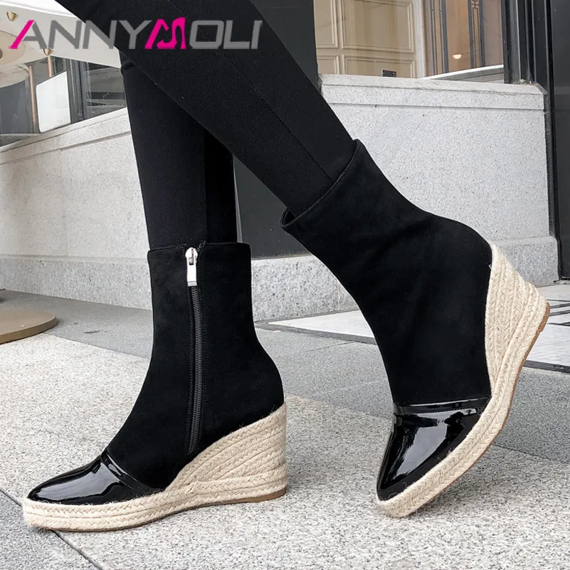 

ANNYMOLI Women Boots Winter Ankle Boots Mixed Colors Platform Wedge Heel Short Boots Zip Super High Heel Shoes Female Fall 33-43