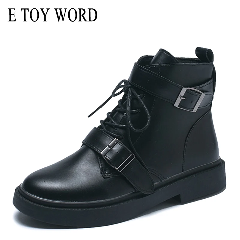 

E TOY WORD Women Flat Platform Ankle Boots Autumn Boot Black Lace Up Medium Creepers Shoes Fashion Footwear Motorcycle Boots