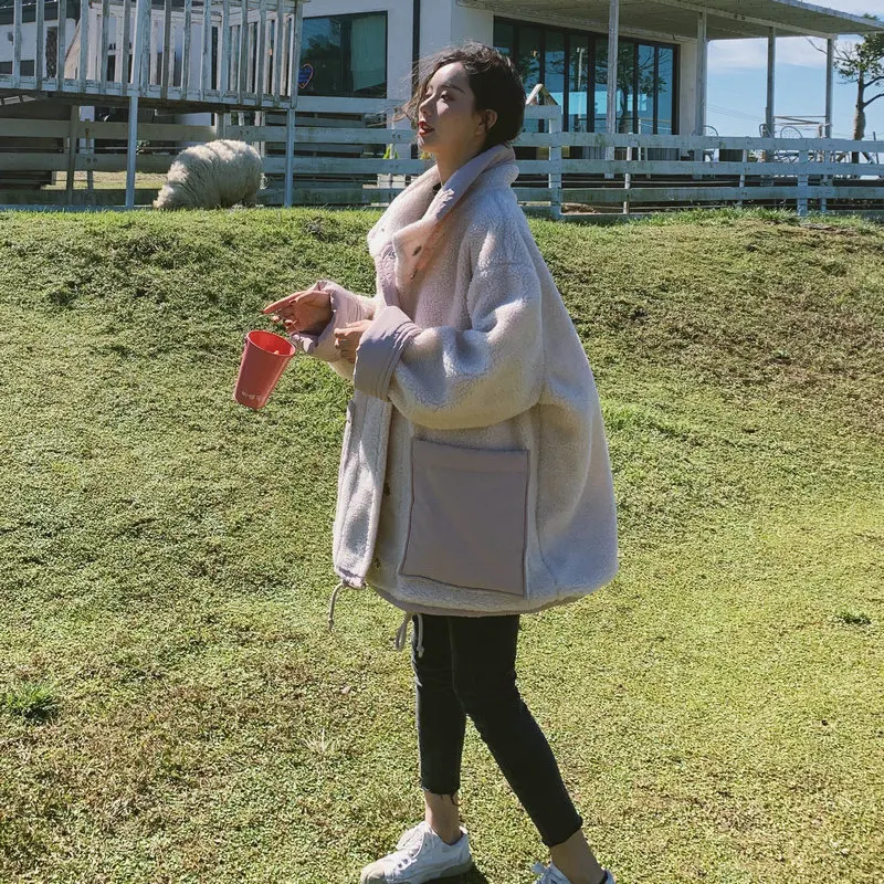 

Photo Shoot Main Push 2019 Winter New Style Korean-style Loose Pink Color Casual Reversible Lambs Wool Cotton Overcoat Women's F
