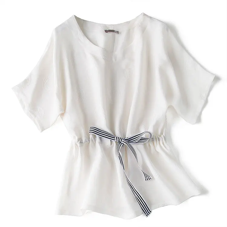 New white jacquard three-dimensional waistband Bat Sleeve Silk T-shirt