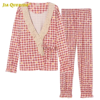 

New Woman Clothes Red Pajamas Set Spring Autumn Long Sleeve Long Pants Sleepwear Casual Style Woman Pijama Set Plaid Printing