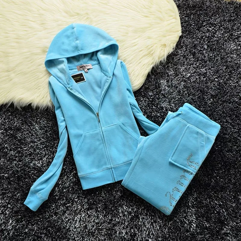 Letter Diamonds Women Casual Spring Fall Sweatshirt Velet Zipper Hoodies And Drawstring Long Sleeve Two Pieces Set Tracksuit 2XL |