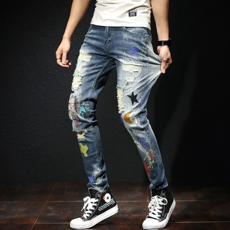 

Aolamegs Jeans Men Colorful Patch Casual Hip Hop Style Denim Advanced Broken Hole High Quality Tight Jeans Streetwear Autumn