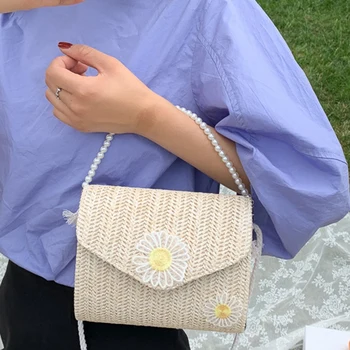 

Straw Woven Bag Female Fashion Woven Shoulder Small Square Bag Wild Pearl Crossbody Bag