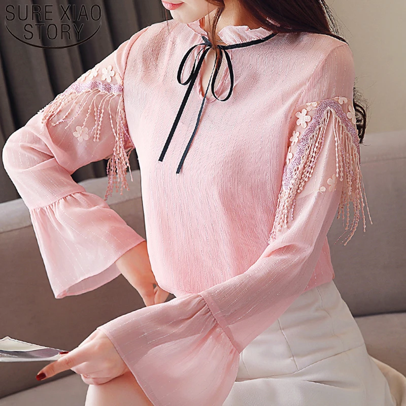 

New Fashion 2019 Chiffon Women Tops Casual Women Clothing Tassel Long Sleeve Standing Collar Bow Solid Women Blouses 5583 50