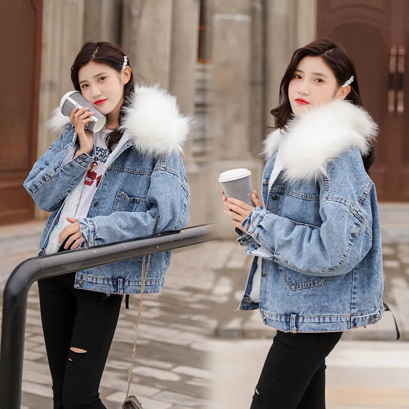 

Photo Shoot Hong Kong Style CHIC Faux Fox Fur Collar plus Velvet Jeans Coat Women's Loose-Fit Autumn And Winter 2018 New Style T