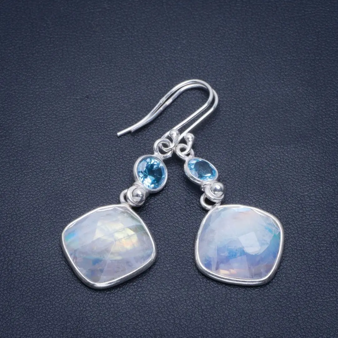 

Natural Rainbow Moonstone and Blue Topaz Handmade Unique 925 Sterling Silver Earrings 1.75" B2809
