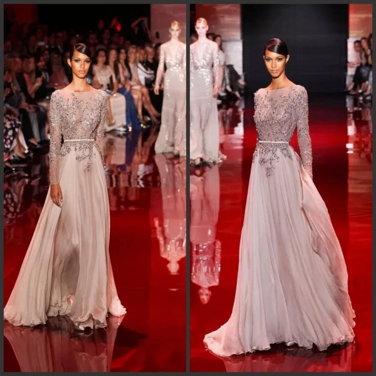 

2019 New Arrival Elie Saab Luxury Beaded With Belt And Sequins Long Sleeves Lace Celebrity Dresses Prom Dresses Gown Custom Made