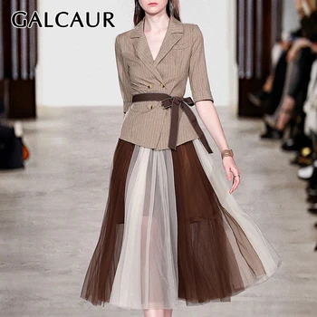 

GALCAUR Korean Striped Hit Color Two Piece Set Women Lapel Collar Short Sleeve Blazer Mesh Midi Skirt Female Suits 2020 Fashion