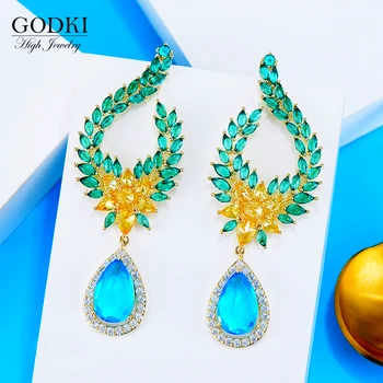 

GODKI Brazilian Multicolor Leaves Dubai Bridal Earring for Women Wedding Party Engagement Jewelry Trendy Cubic Zircon 2020