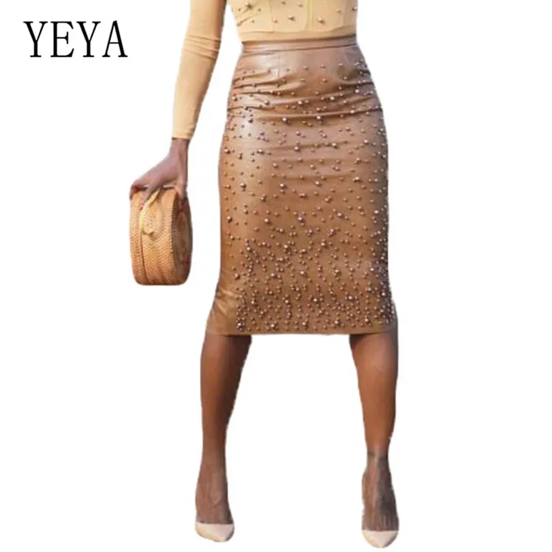 

YEYA High Elasticity PU Leather Skirt Beading Split Irregular Female Knee Length Autumn Winter Skirts Elegant Women Streetwear