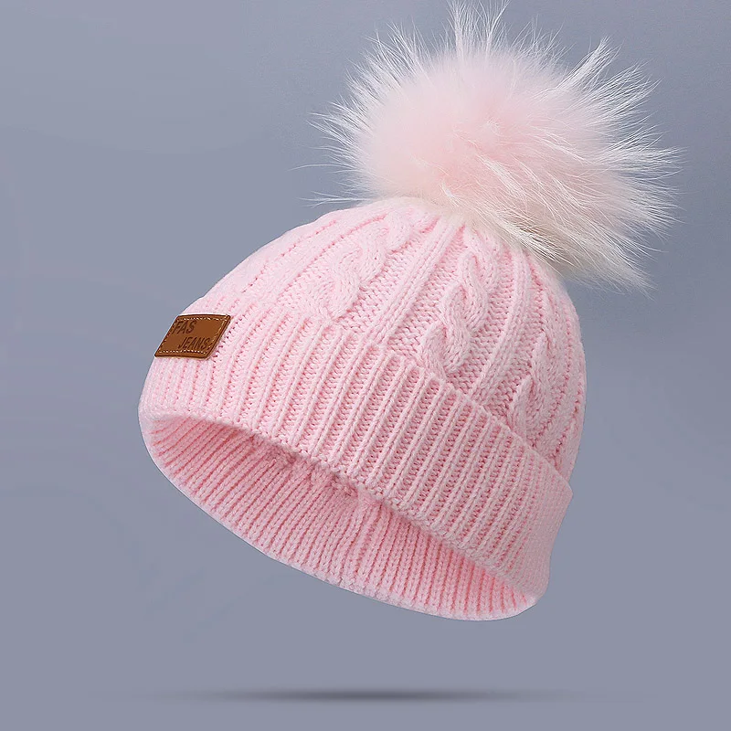 Детская зимняя двойная помпоновая шапочка, шапка для детей, вязаная, теплая, уличная, плотная, Skullies, шапочки с натуральным цветным мехом