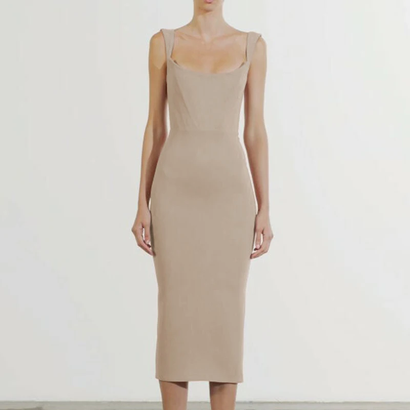 

2021 New Elegant Spaghetti Strap Bandages Dress Women Sexy Club Celebrity Party Sleeveless Bodycon Dress