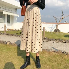 Новая мода для женщин, бархатная юбка средней длины с высокой талией, Женская юбка в горошек