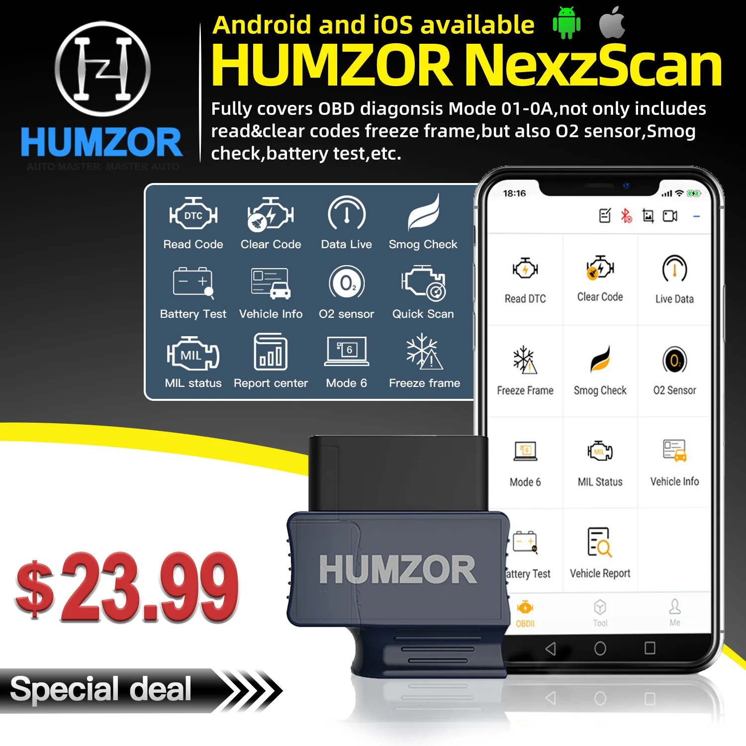 HUMZOR NexzScan OBD2 Scanner Auto Code Reader Bluetooth 4,2 Diagnose-Tool für iPhone, iPad & Android PK Bluedriver OBDLink HUMZOR NexzScan OBD2 Scanner Auto Code Reader Bluetooth 4,2 Diagnose-Tool für iPhone, iPad & Android PK Bluedriver OBDLink