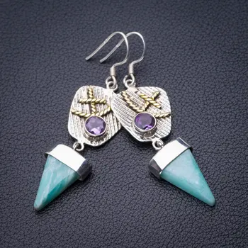 

StarGems Natural Two Tones Amazonite And Amethyst Anchor Handmade 925 Sterling Silver Earrings 2.25" D7119