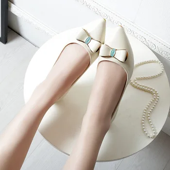 

Sweet Butterfly-knot With Women Basic Low Heel Pumps Pointed Toe Solid Shallow Slip-On Single Shoes Casual PU Ladies Pumps