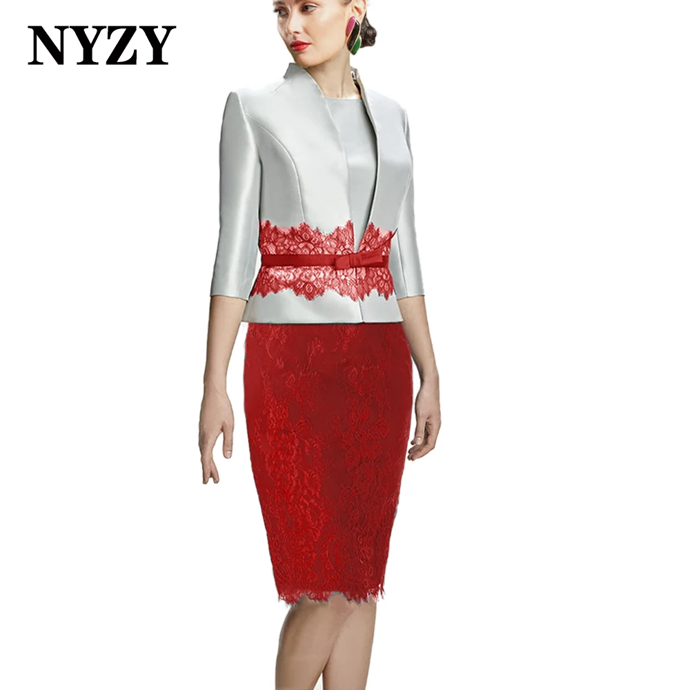 NYZY M347C Sheath Red Silver With Coat 2 Piece Mother of the Bride Lace Dress Short Wedding Party Guest Wear Church Suits | Свадьбы и