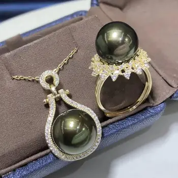 

D415 Pearl Set Fine Jewelry 925 Sterling Silver 13-14mm Round Natural Fresh Water Peacock Green Black Pearls Jewelry Sets