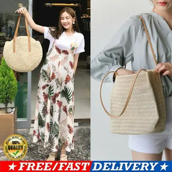 

Women Girls Straw Bag Woven Round Handbag Purse Crossbody Beach Summer Bags