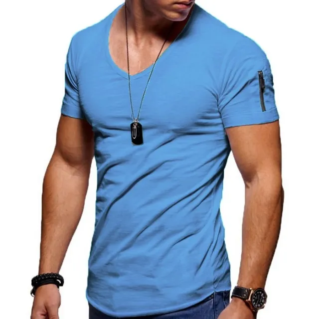 2022 New Men's V-neck T-shirt Fitness Bodybuilding T-shirt High Street Summer Short-Sleeved Zipper Casual Cotton Top Sky Blue
