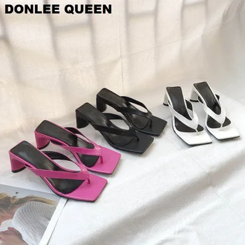 

2020 Fashion Square Toe Slippers Slides Brand Square Heels Sandals Slip On Flip Flops Beach Summer Shoes Slipper sandalias mujer