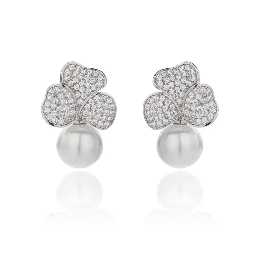 Pearl Cubic Zircon Drop Earrings for Wedding, Crystals Flower Earring for Bride, Women Girl Gift CE10982