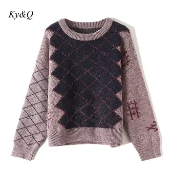 

2019 Winter Women French Retro Luxury Sweater Female Plaid Loose Bright Silk Pullover Female Sweater Brand Christmas Top Clothes