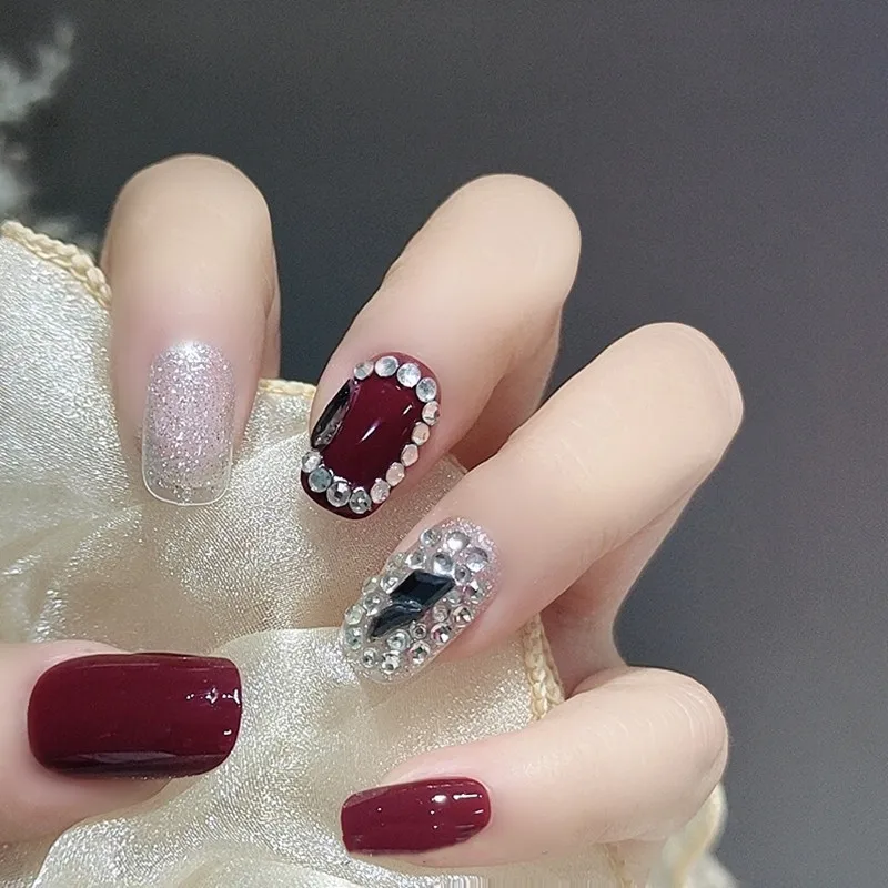 Wine Red Nail Patch Glitter Full Diamonds Short Nail Tips French Style Glue Type Removable Save Time 24pcs False Nails Nn False Nails Aliexpress