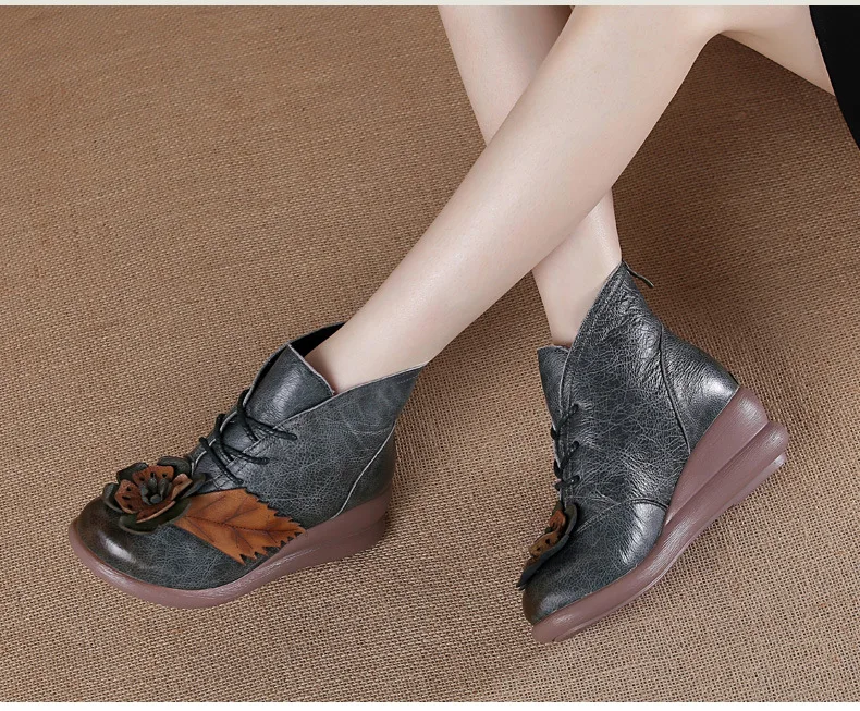 Г., новые женские ботильоны из натуральной кожи зимняя женская обувь в стиле ретро с цветком, винтажная Уличная обувь на танкетке