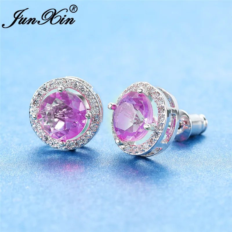 Boho Gradient Colorful Purple Pink Zircon Round Stud Earrings For Women White Gold Rainbow Fire Crystal Wedding Earrings Jewelry