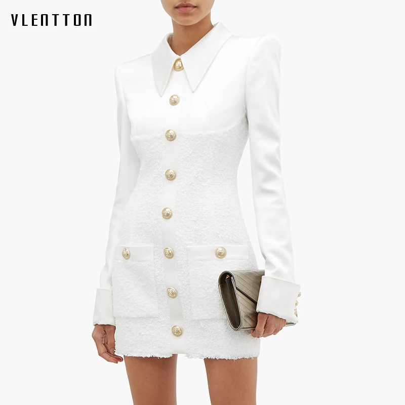 Женское офисное платье рубашка Белое Облегающее мини из твида с длинным рукавом