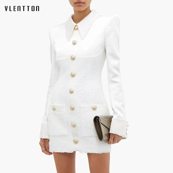 

High Quality Autumn Office Lion Button Sexy Bodycon Mini Shirt Dress Women Long Sleeve Tweed White Party Dresses Ladies Vestidos