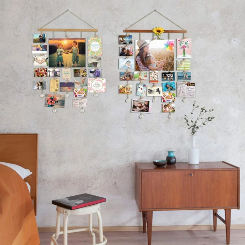 ##BUY Wooden Wall Hanging Chain Photo Frame With Crystal Pendant With 20PCS Clip Room Decoration Craft Picture Display Fotolijst