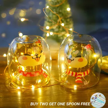 

Creative Christmas Shiba Double Wall Cups Children Gift Water Milk Breakfast Coffee Mugs Animal Heat Insulation Glass Drinkware