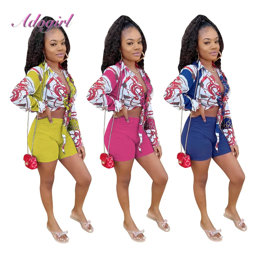

Модный повседневный Женский комплект из двух предметов, осенняя рубашка с длинным рукавом и принтом + шорты, женская одежда, блузка с завязками и шорты, костюмы