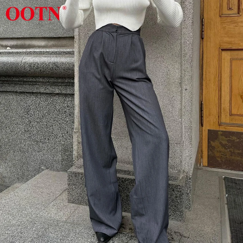 OOTN Gray Trouser Office Lady High Waist New Fashion Autumn Wide Leg Pants Women Pocket Casual 