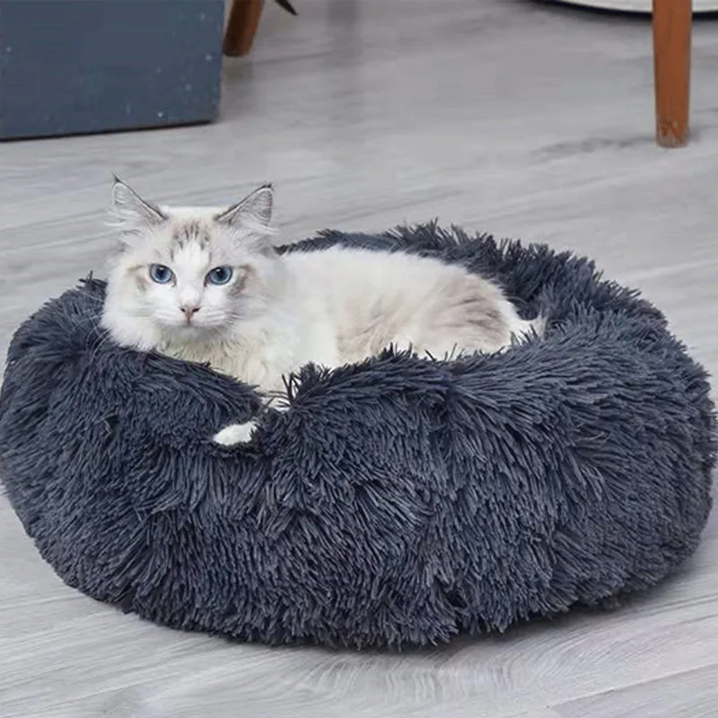 Новая кровать для питомца собаки кошки, теплый пушистый мягкий плюшевый круглый милый пончик гнездо подушка коврик Великобритания - Цвет: Dark Gray