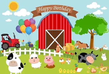 

7x5FT Happy Birthday Party Farm Red Barn Color Balloons Animals Custom Photo Studio Backdrop Background Vinyl 220cm X 150cm
