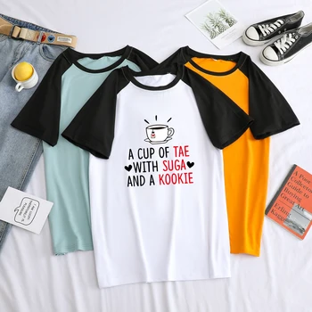 

Men T Shirt Summer Short Sleeve Funny A CUP OF TEA WITH SUGA AND A KOOKIE Tops Casual Streetwear Spell Color Patchwork T-shirts