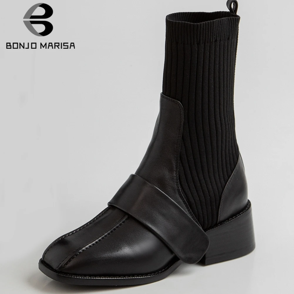 

BONJOMARISA Brand Design Genuine Leather Ankle Stretch Ankle Boots Women 2019 Square Toe Sock Booties Lady Med Heel Shoes Woman