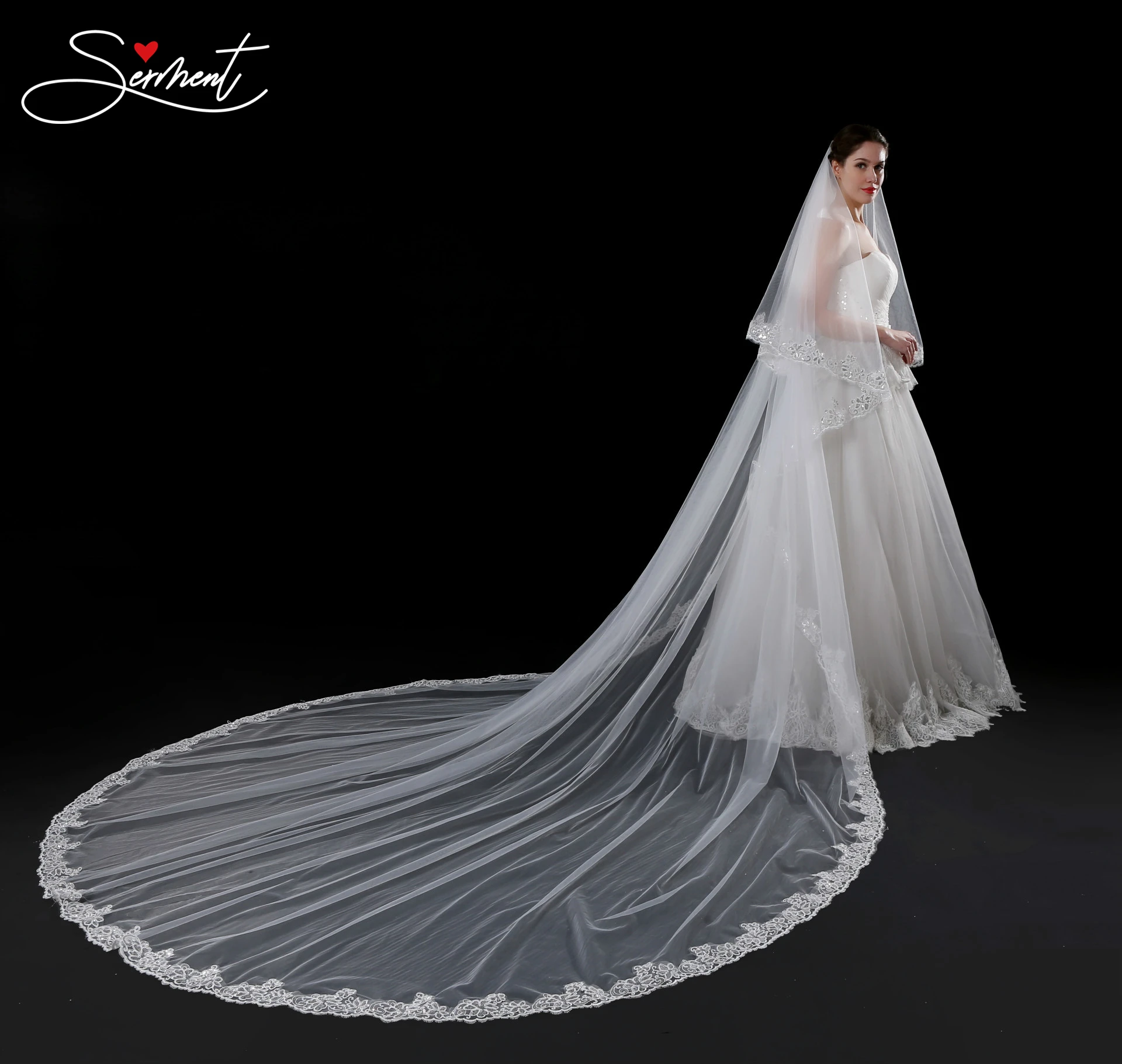 SERMENT Cathedral Wedding Veil Bead Edge Three-Layer Apliqued 400cm Lace Sequins Long Tailed Bride Veil White Wedding Accessorie