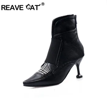 

REAVE CAT Women Ankle Boots Thin High Heels Winter Keep Warm V-type Female Short Boots pointed toe Bootie wedding shoes size 45
