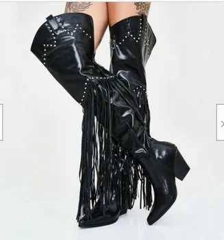 

Women Toe over the knee boots black tassel Ladies Autumn winter High heels boots Sexy thigh high boots cowboy botas mujer