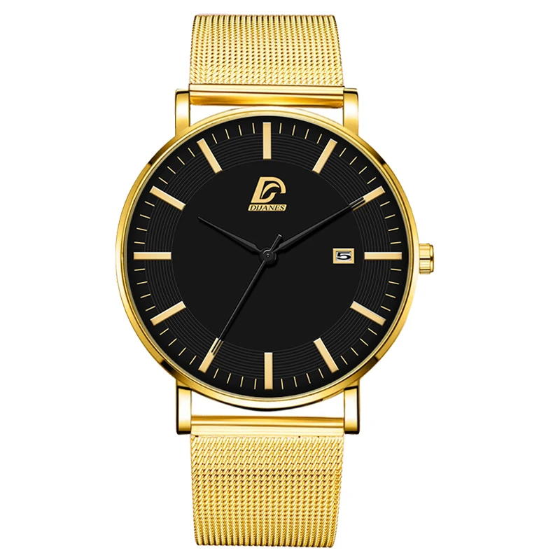 Reloj Hombre роскошные мужские модные бизнес минималистичные часы ультра тонкие из нержавеющей стали с сетчатым ремешком аналоговые кварцевые часы - Цвет: Mesh Gold Black