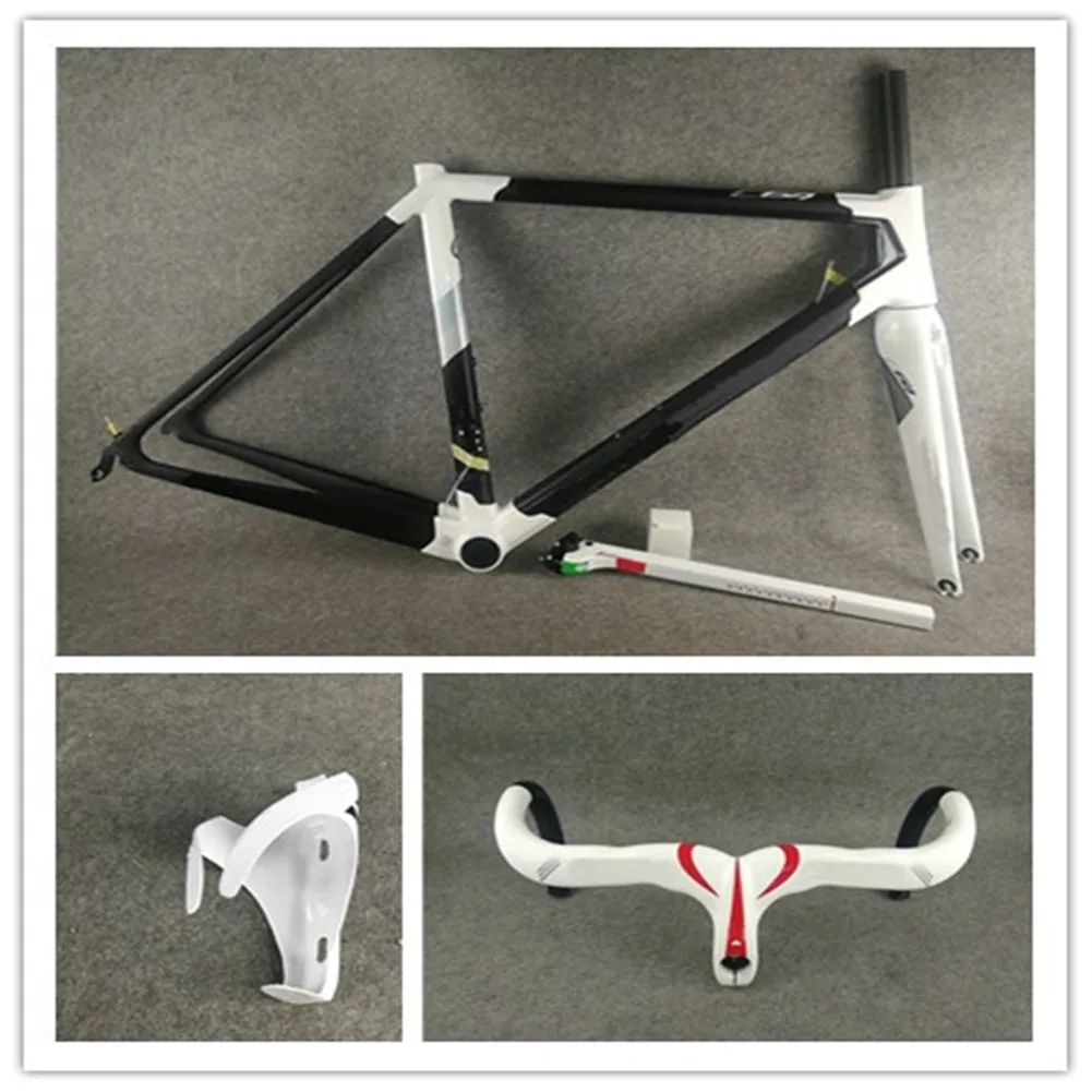 

T1000 C64 Road Carbon Bike Frame Matt Black Gloss White Italia (PKWH) Customize Logo + White Road Handlebar Carbon Bottle Cages